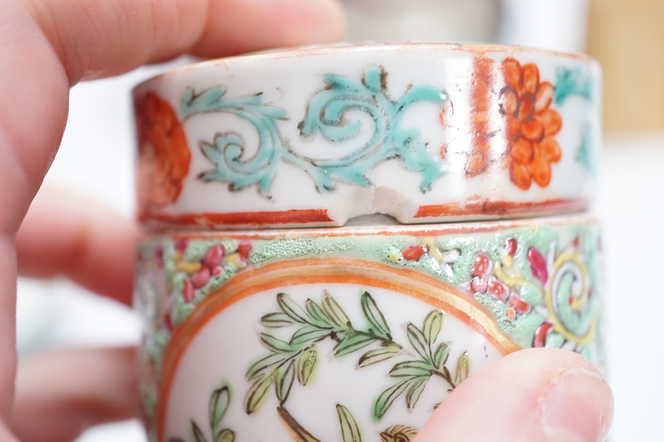 A group of Chinese ceramics 18th century and later, including a bottle vase, a water pipe vessel, box and cover, three bowls, a Tang style figure of a lady, a Yixing teapot, together with a resin figure of an emperor